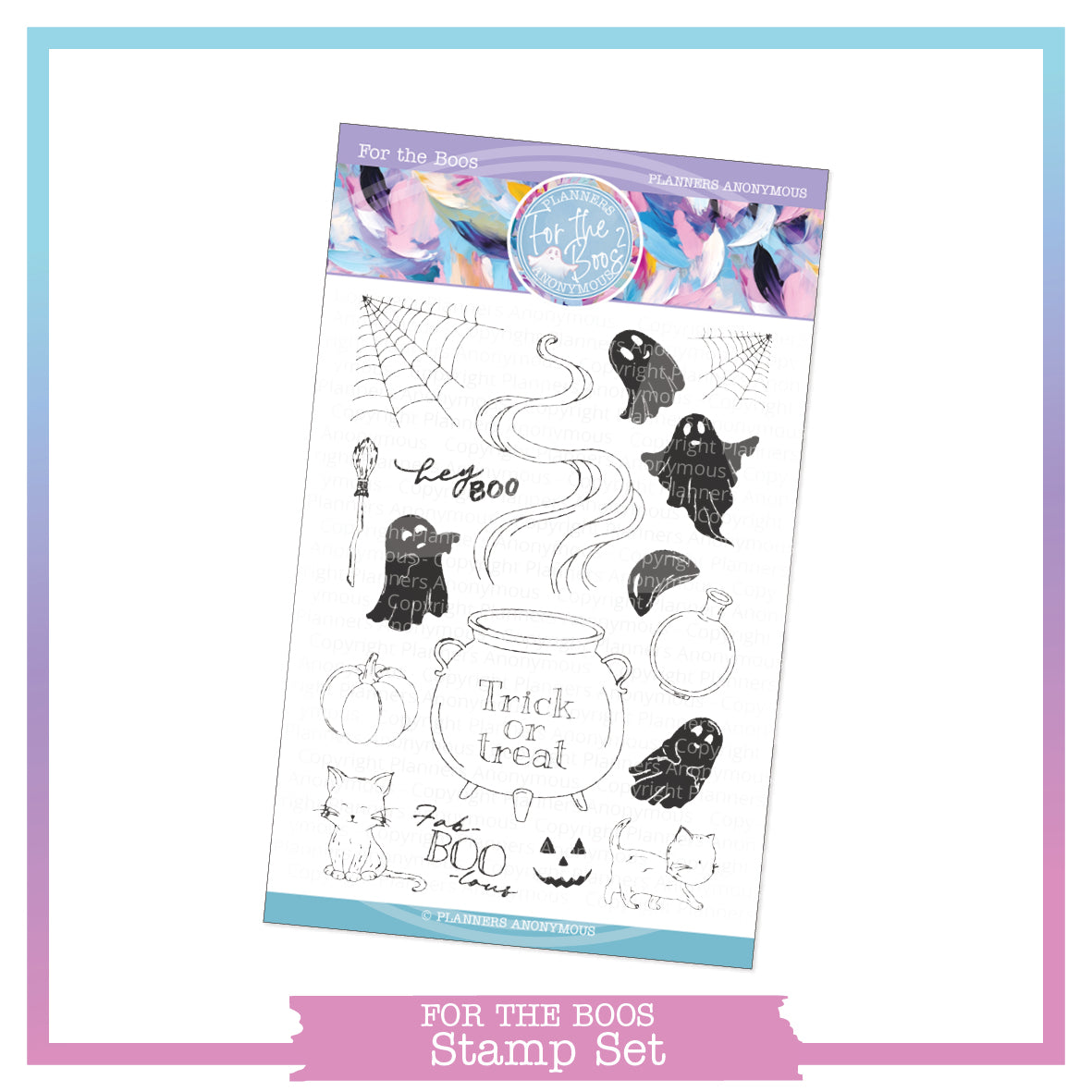 For the Boos 2 stamp set: ghosts, pumpkins, a cat and a cauldron lettered trick or treat on a pastel ghost-print card