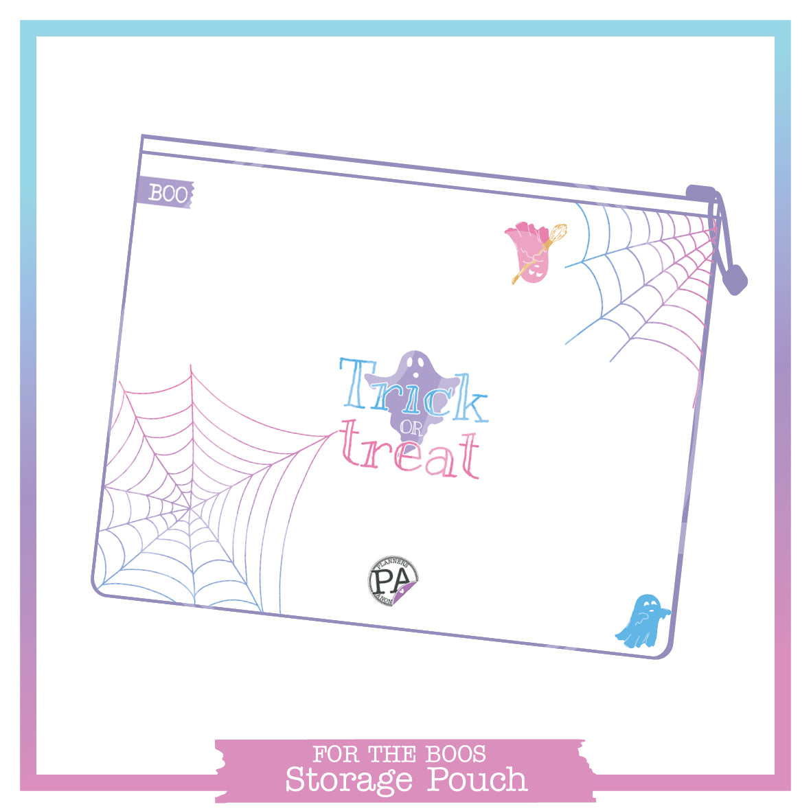For the Boos 2 storage pouch, white with pastel spiderwebs, a purple ghost, trick or treat and a lilac zip pull