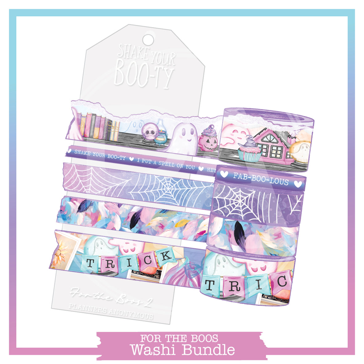 For the Boos 2 washi bundle: five pastel Halloween rolls, from a 5mm words tape to a 34mm torn haunted-shelf roll