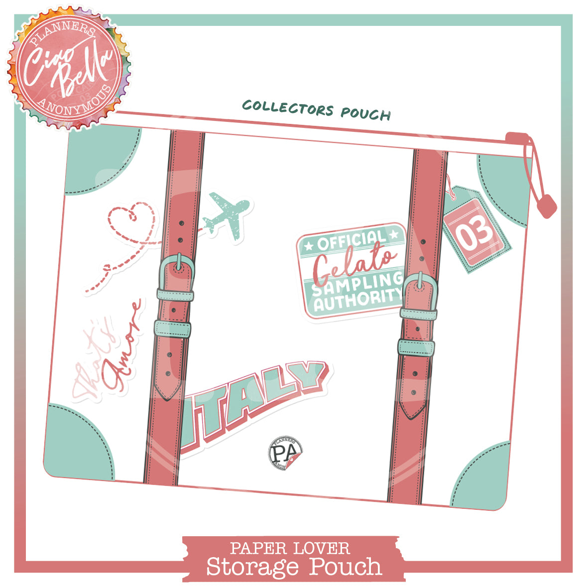 Ciao Bella large storage pouch styled as a suitcase, coral straps, mint corners, Italy and gelato authority stickers