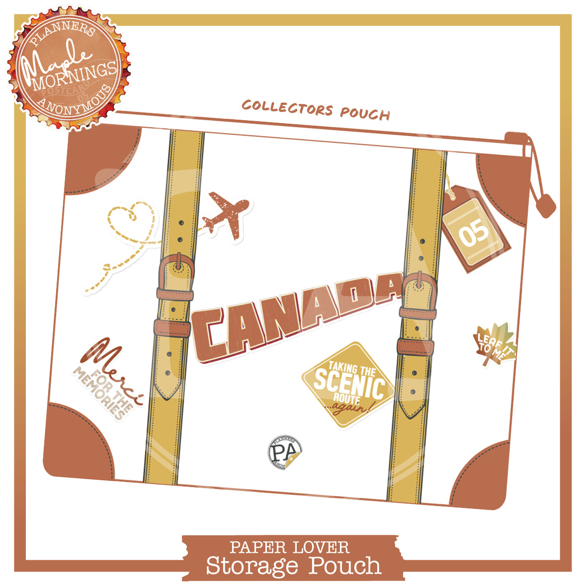 Maple Mornings large storage pouch styled as a suitcase, mustard straps, rust corners, Canada and scenic route stickers