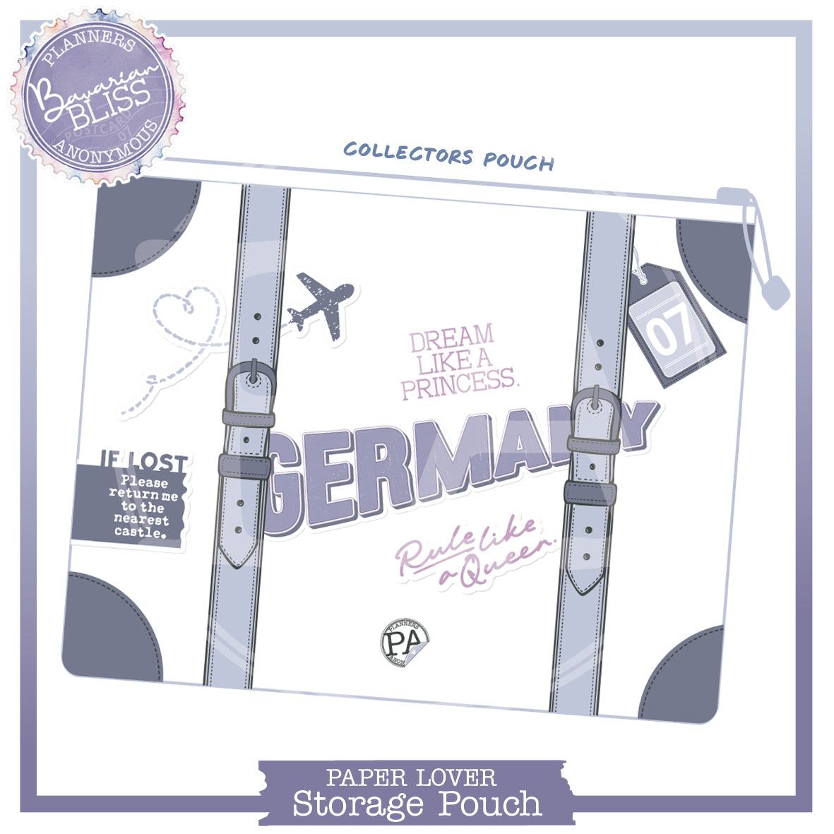 Bavarian Bliss large storage pouch styled as a suitcase, lavender straps, Germany and dream like a princess stickers