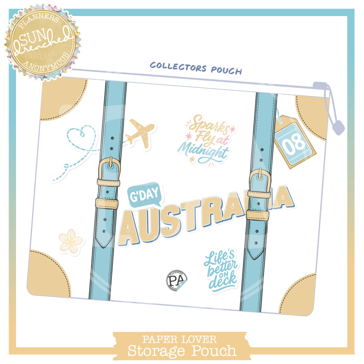 Sun Drenched large storage pouch styled as a suitcase, sky-blue straps, sand corners, G'day Australia stickers