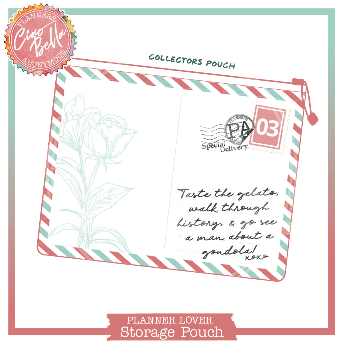 Ciao Bella small storage pouch drawn as a postcard, mint rose sketch, coral and mint airmail stripes, stamp 03