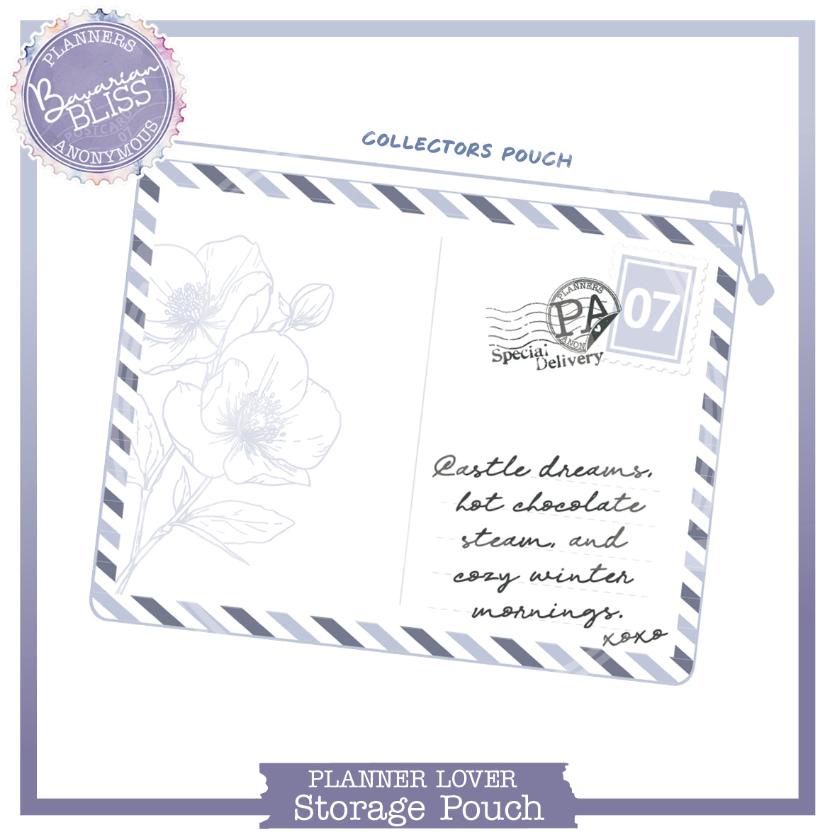 Bavarian Bliss small storage pouch drawn as a postcard, winter flower sketch, periwinkle and slate airmail stripes