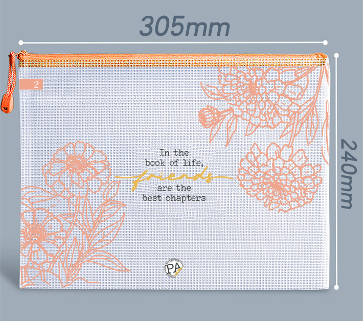 Large white Forever Friends storage pouch with peach outline zinnias and friends are the best chapters in gold script