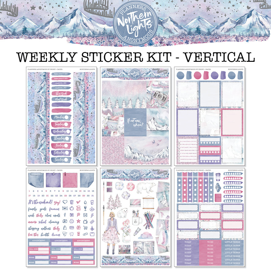 Northern Lights weekly stickers: a girl with a paint box, pansies, a Get messy mug and periwinkle checklist labels
