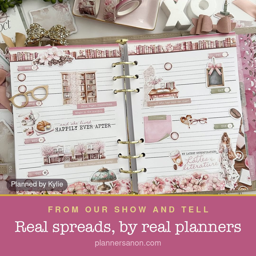 A planner spread decorated with pink bookshelves; Planned by Kylie