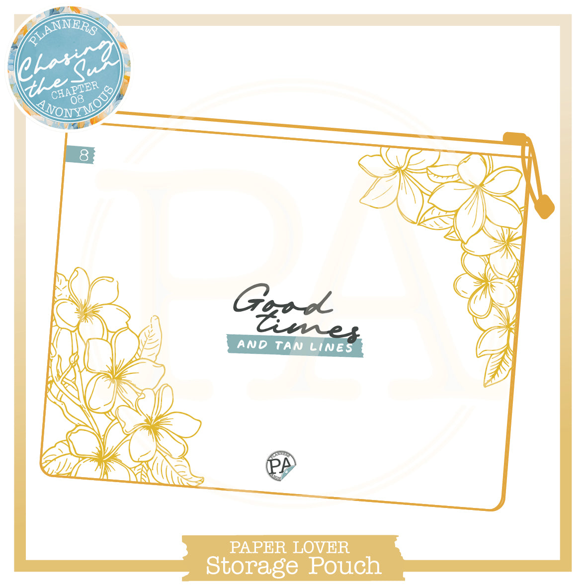 Large white Chasing the Sun storage pouch with golden outline frangipani and Good times and tan lines on teal tape