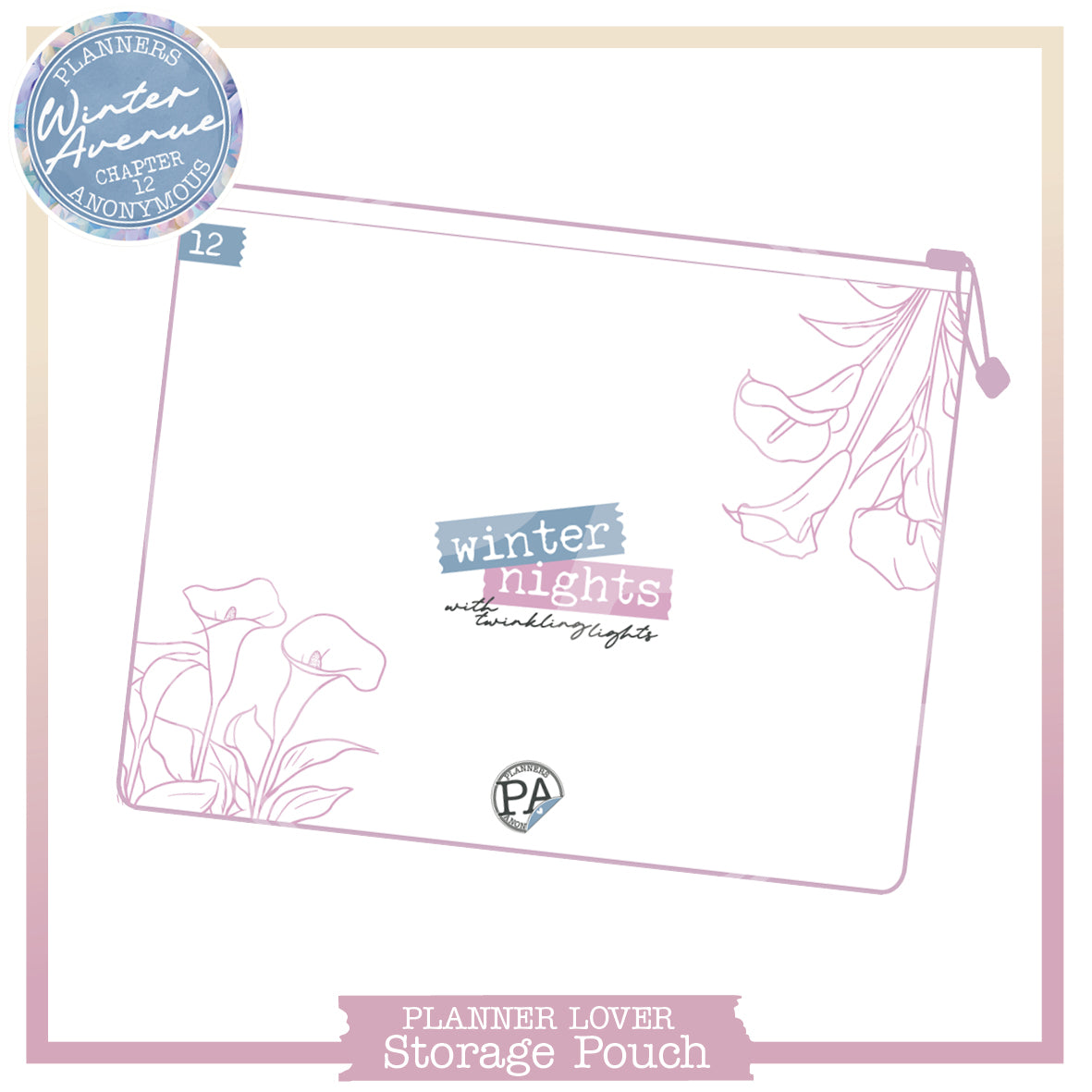 Small white Winter Avenue storage pouch with mauve outline calla lilies and winter nights on blue and pink tape