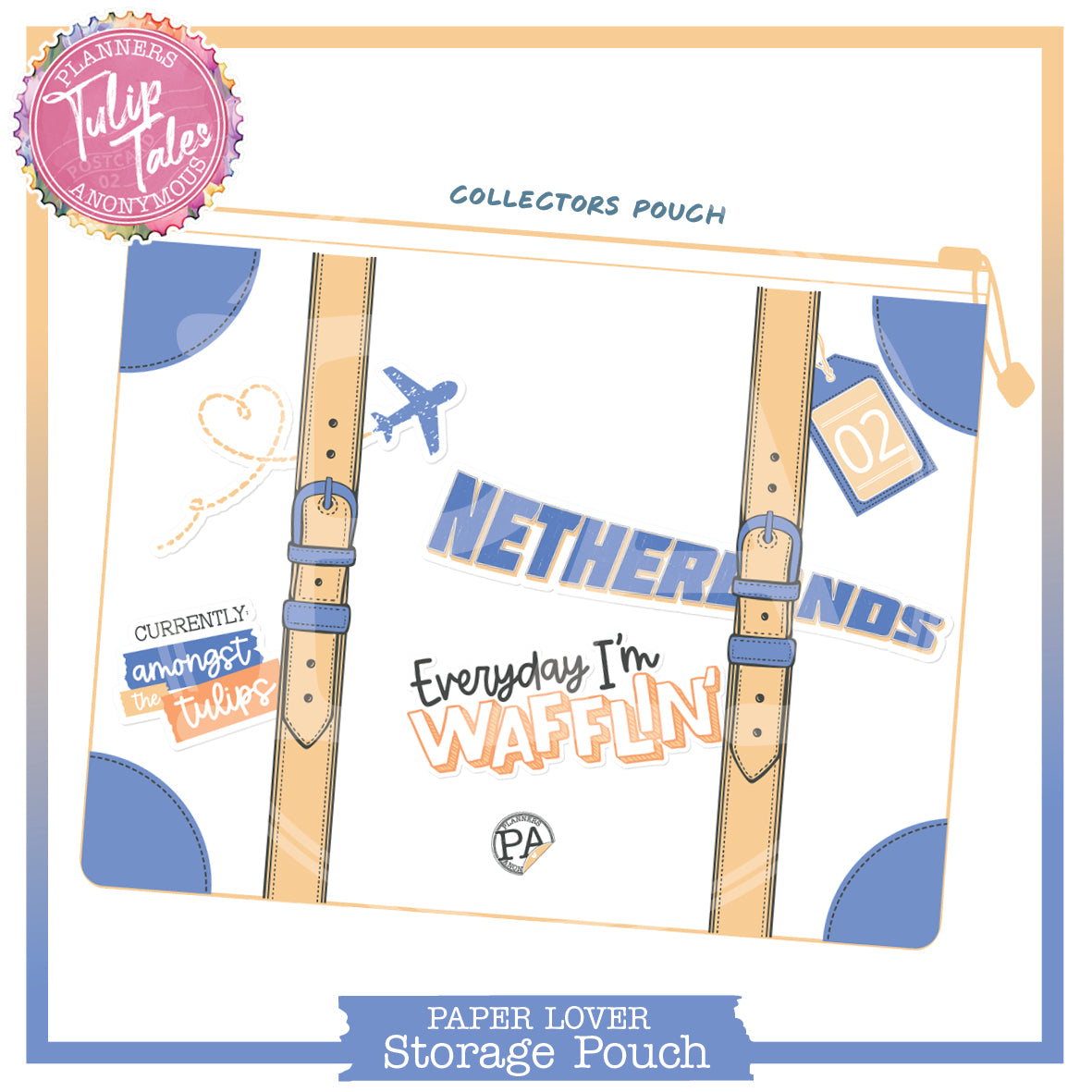 Tulip Tales large storage pouch styled as a suitcase, apricot straps, blue corners, Netherlands and wafflin' stickers