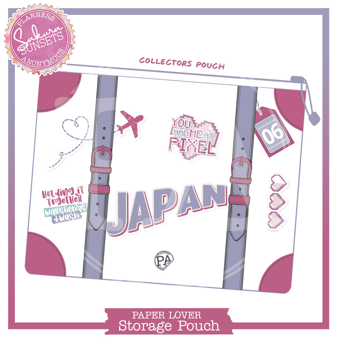 Sakura Sunsets large storage pouch styled as a suitcase, lilac straps, raspberry corners, Japan and pixel heart stickers
