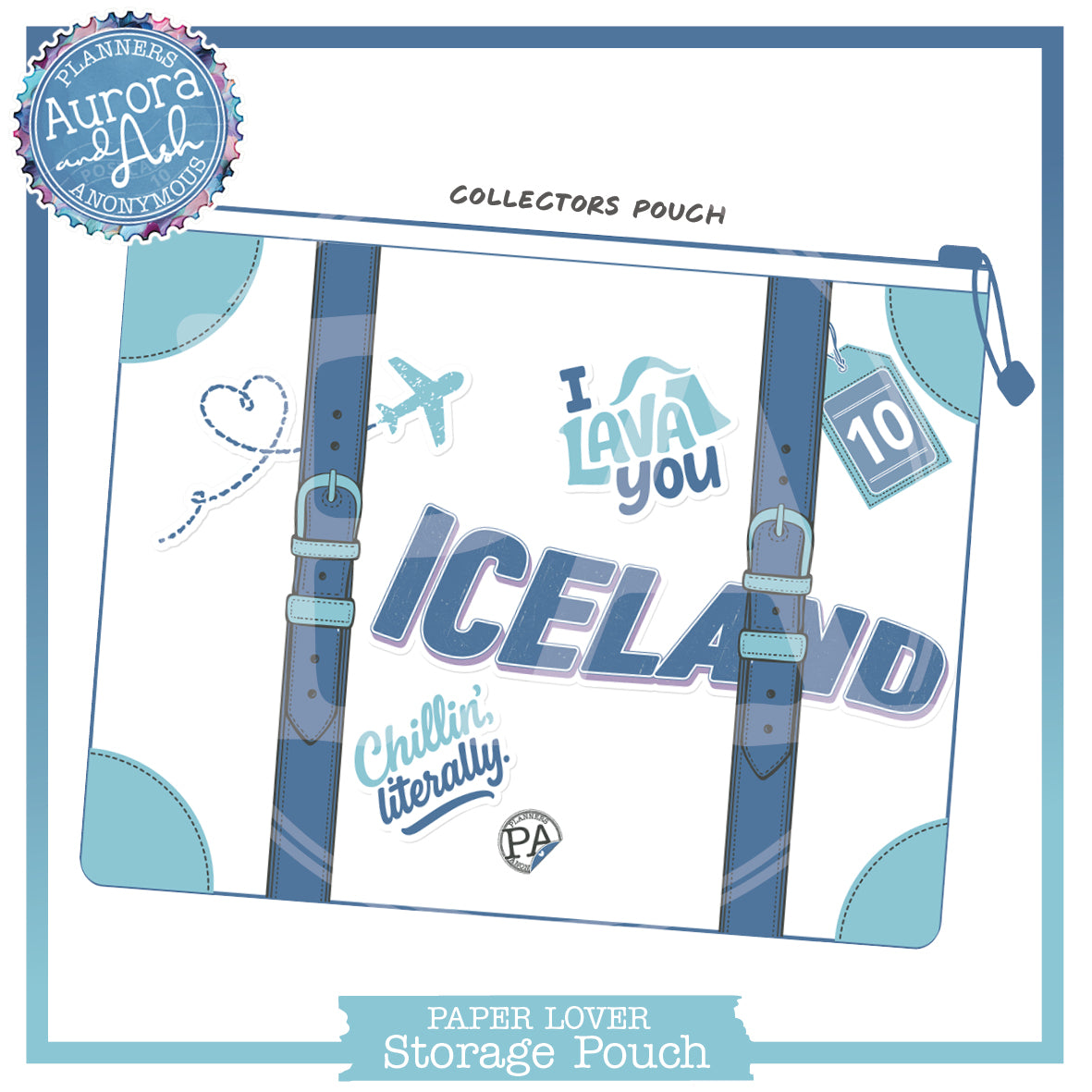 Aurora and Ash large storage pouch styled as a suitcase, navy straps, aqua corners, Iceland and I lava you stickers