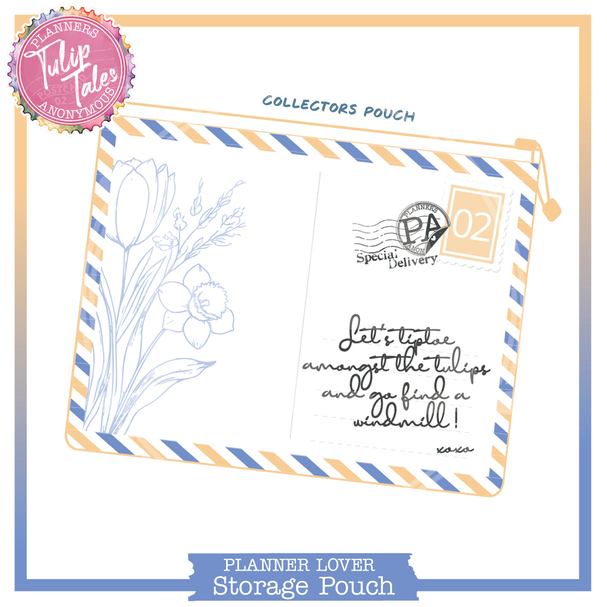 Tulip Tales small storage pouch drawn as a postcard, tulip and daffodil sketch, blue and apricot airmail stripes
