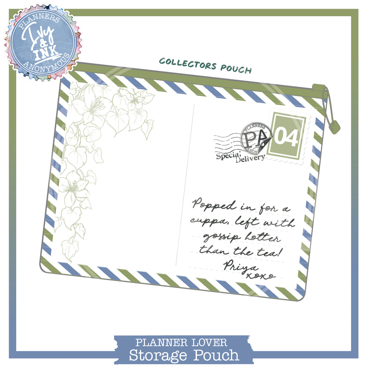 Ivy & Ink small storage pouch drawn as a postcard, ivy sketch, sage and periwinkle airmail stripes, note from Priya