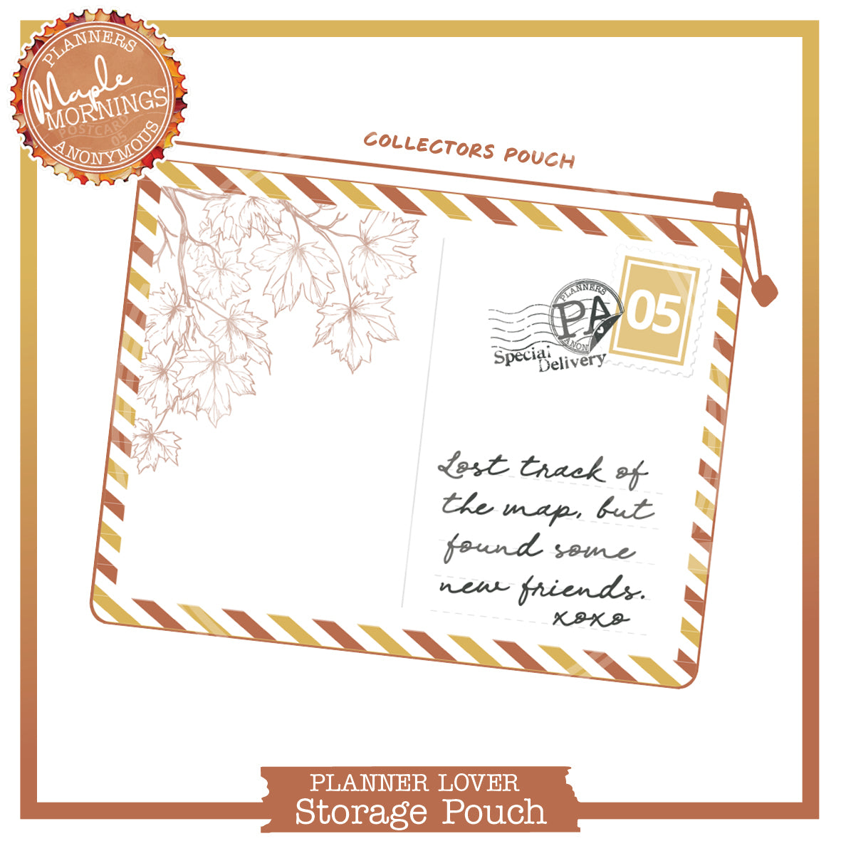 Maple Mornings small storage pouch drawn as a postcard, maple branch sketch, rust and mustard airmail stripes, stamp 05