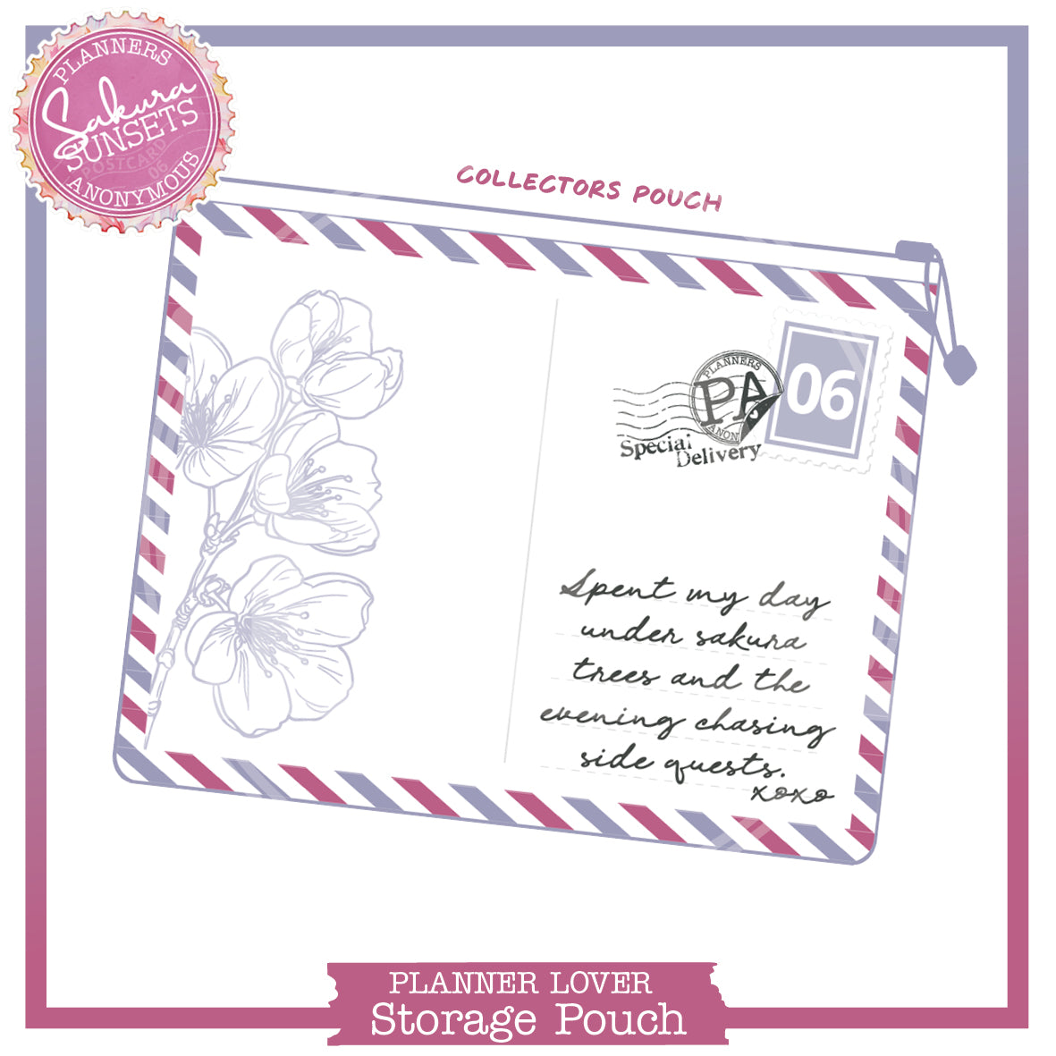 Sakura Sunsets small storage pouch drawn as a postcard, cherry blossom sketch, raspberry and lilac airmail stripes