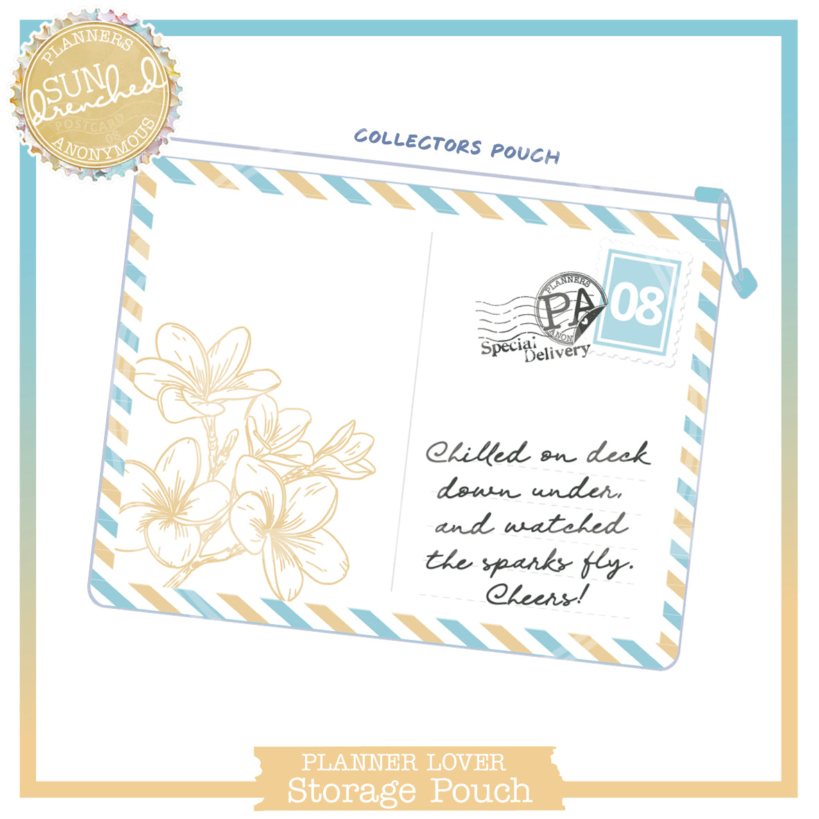 Sun Drenched small storage pouch drawn as a postcard, frangipani sketch, sky-blue and sand airmail stripes, stamp 08