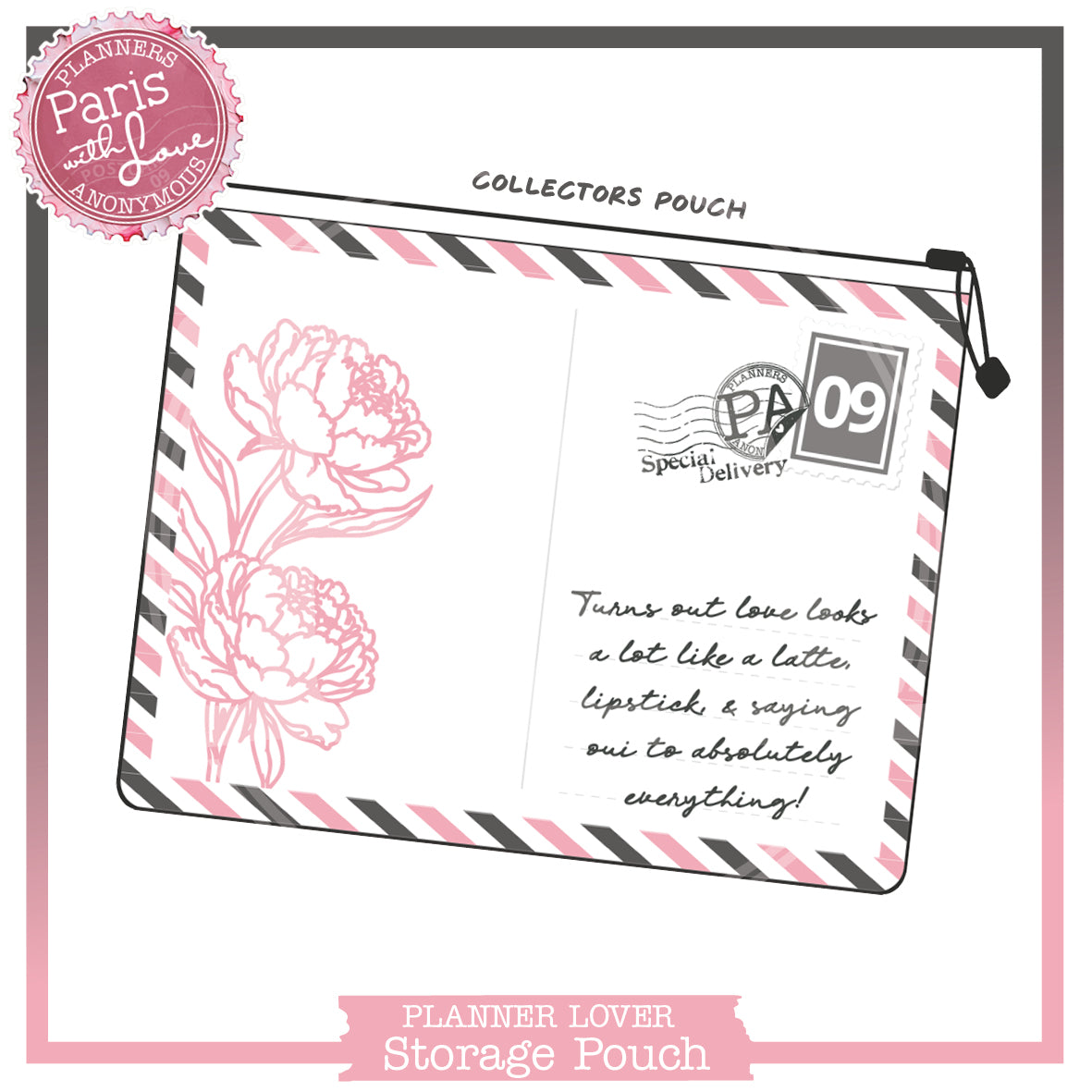 Paris with Love small storage pouch drawn as a postcard, pink peony sketch, pink and charcoal airmail stripes