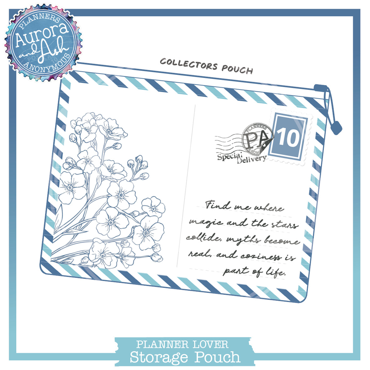 Aurora and Ash small storage pouch drawn as a postcard, navy flower sketch, navy and aqua airmail stripes, stamp 10