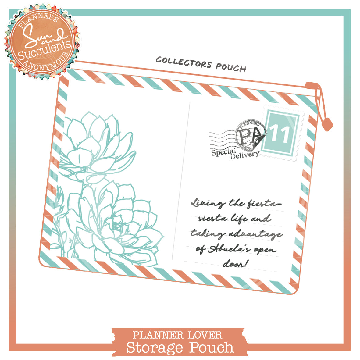 Sun and Succulents small storage pouch drawn as a postcard, aqua succulent sketch, coral and aqua airmail stripes