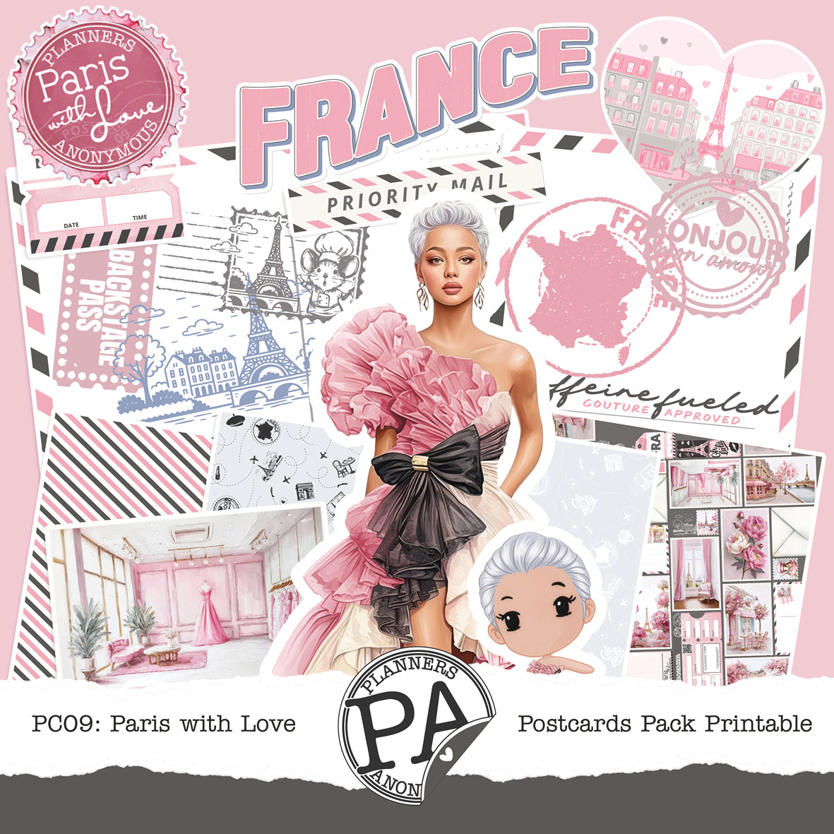 PC09: Paris with Love Postcards Pack Printable-(US)