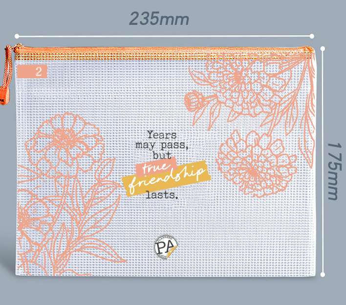 Small white Forever Friends storage pouch with coral outline zinnias and a true friendship quote on mustard tape