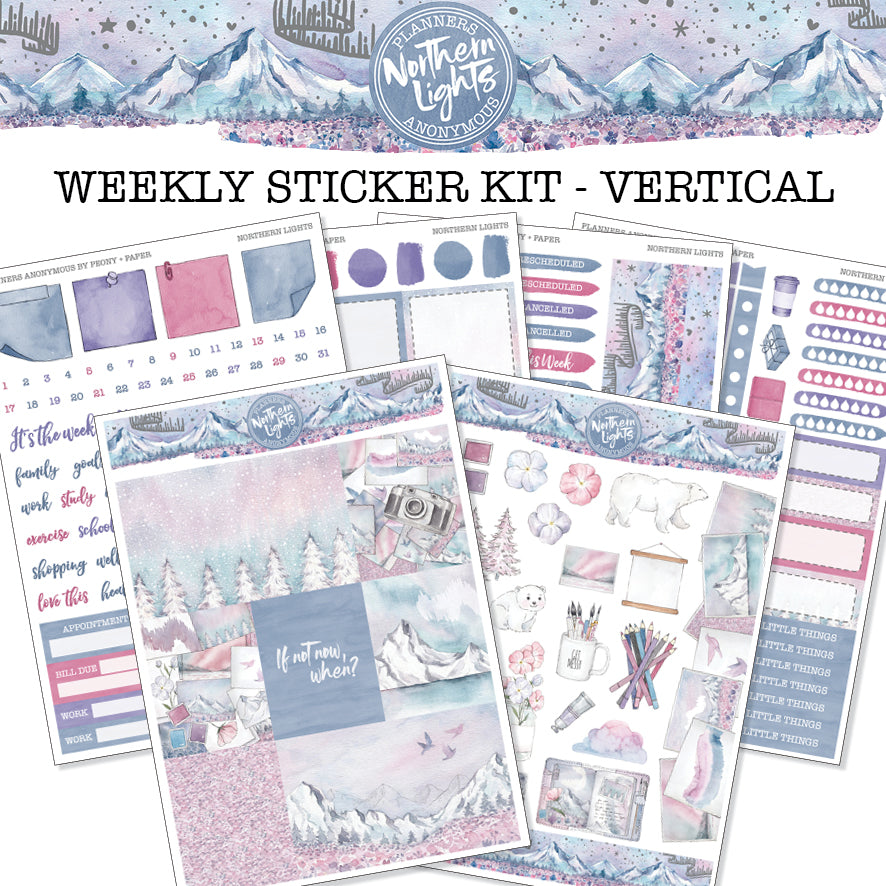 Northern Lights weekly sticker sheets with snowy pines under a pink and teal aurora, a polar bear and writable boxes