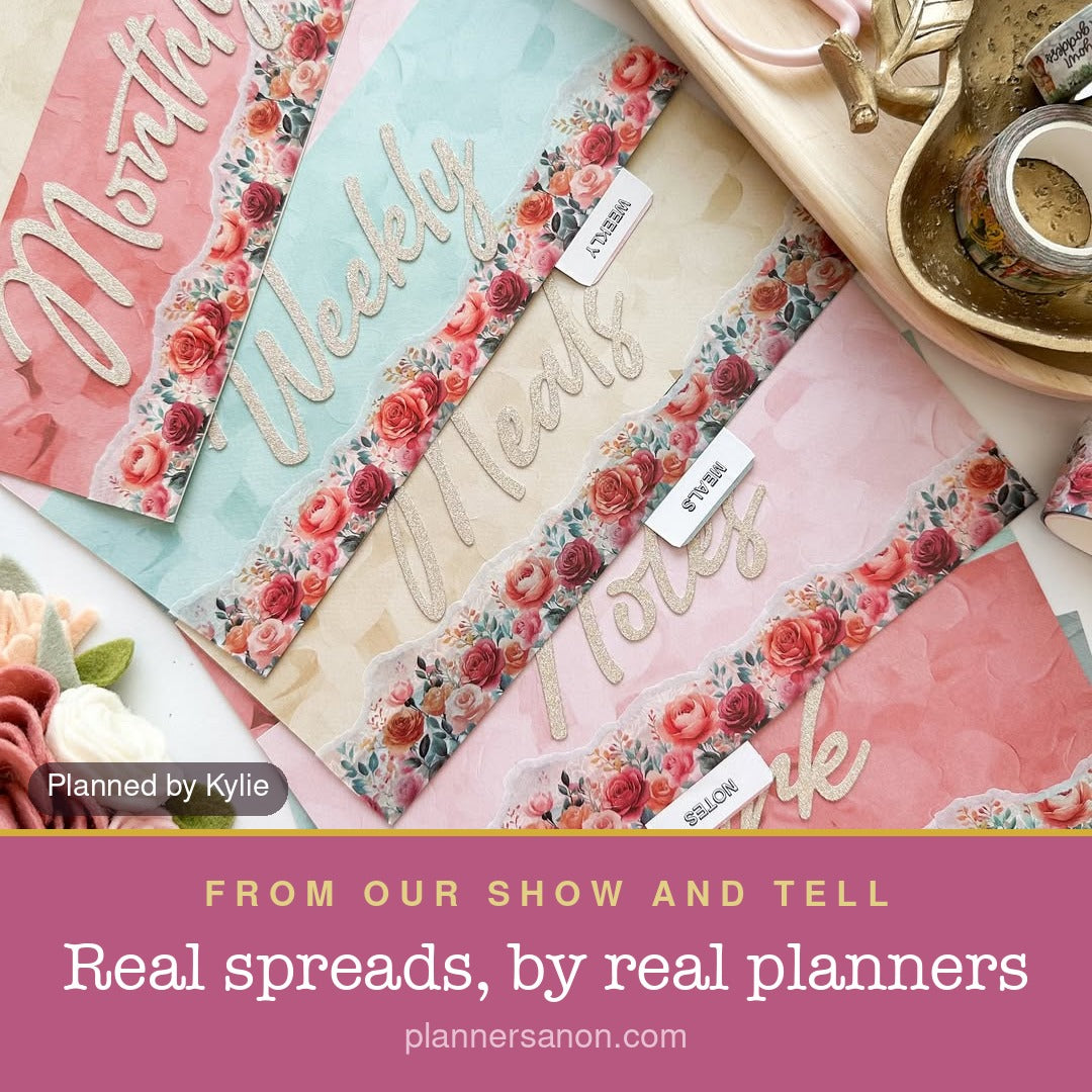 Pink planner dashboards decorated with flowers; Planned by Kylie