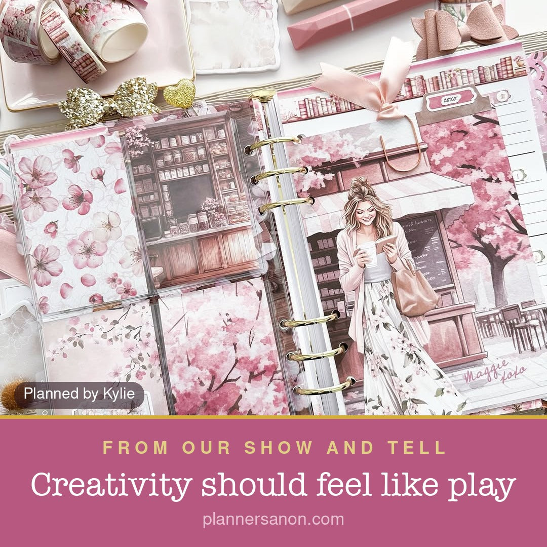 A planner spread with blush bookshelves; Planned by Kylie